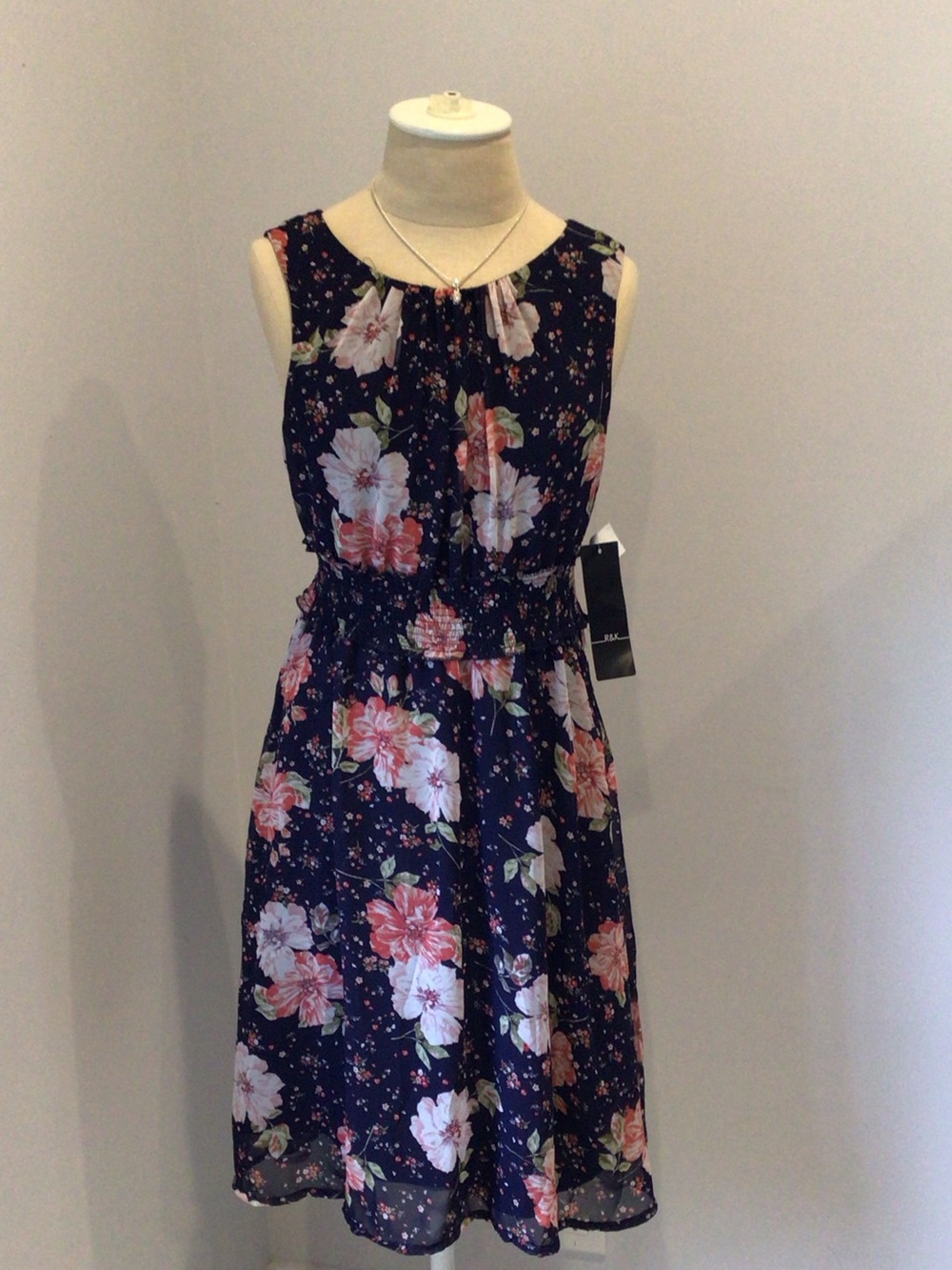 R&K Navy Sleeveless Floral Midi Dress with Pink Blooms